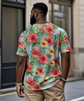 Men's Plus Size Hawaiian Blue Floral Print Henry Collar Button Short Sleeve Tee